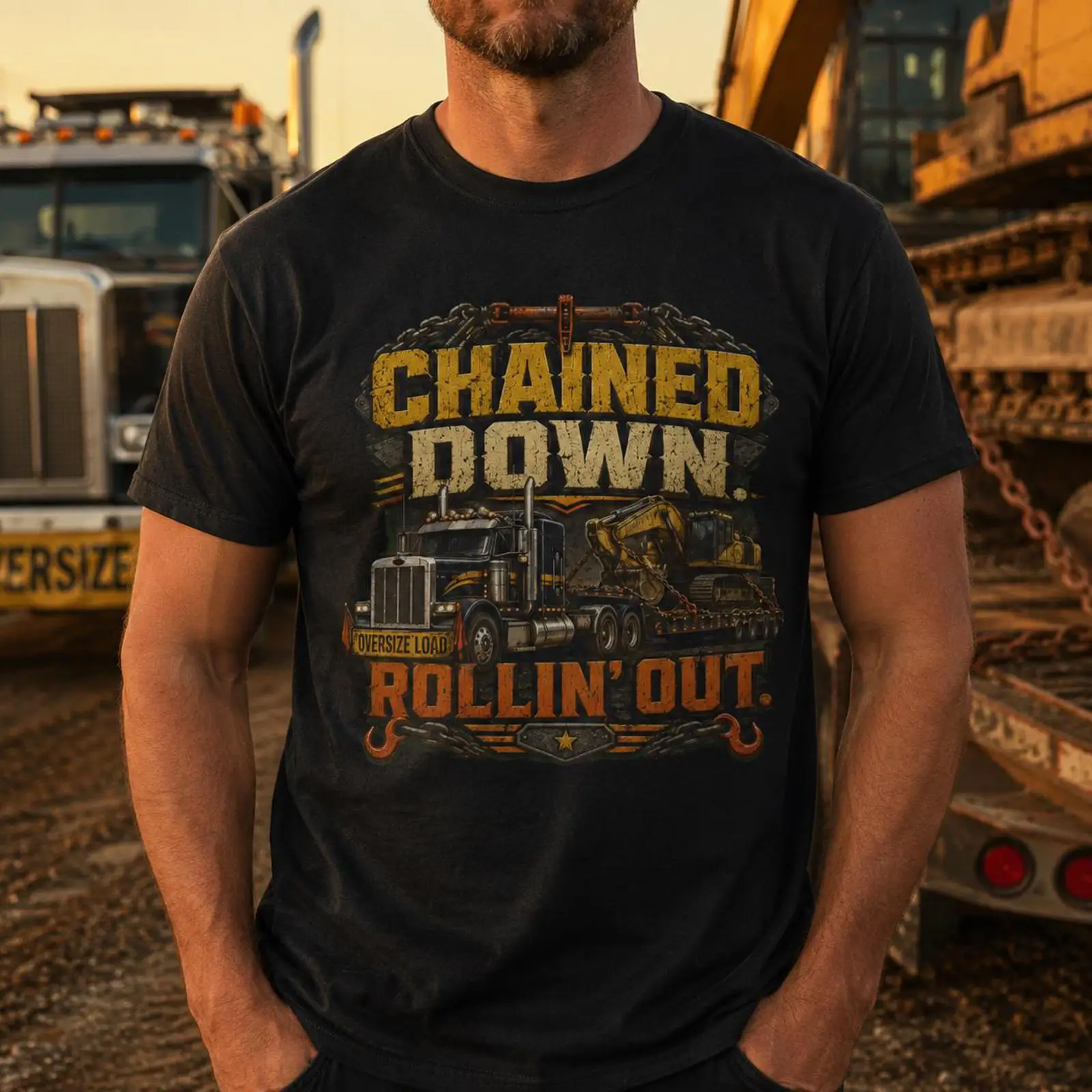 ヘビーハウルドライバーTシャツ。チェーンで固定されたローボー - Heavy Equipment Hauling のレビューと価格